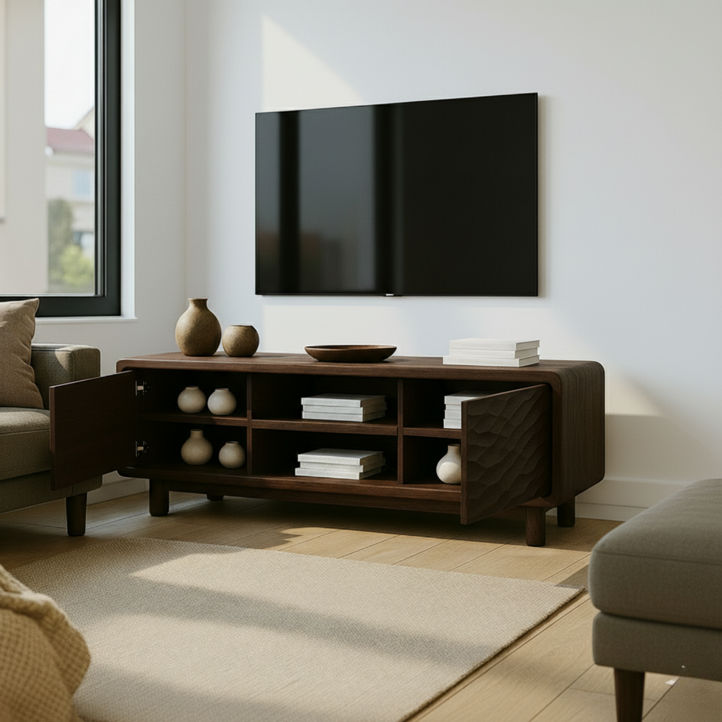 Solid Wood TV Stand with Wave-Pattern Doors & Open Shelving - Modern Living Room Design Kitchnce