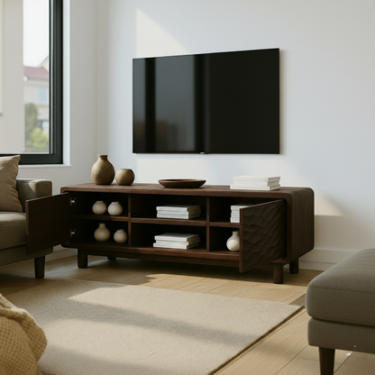 Solid Wood TV Stand with Wave-Pattern Doors & Open Shelving - Modern Living Room Design Kitchnce