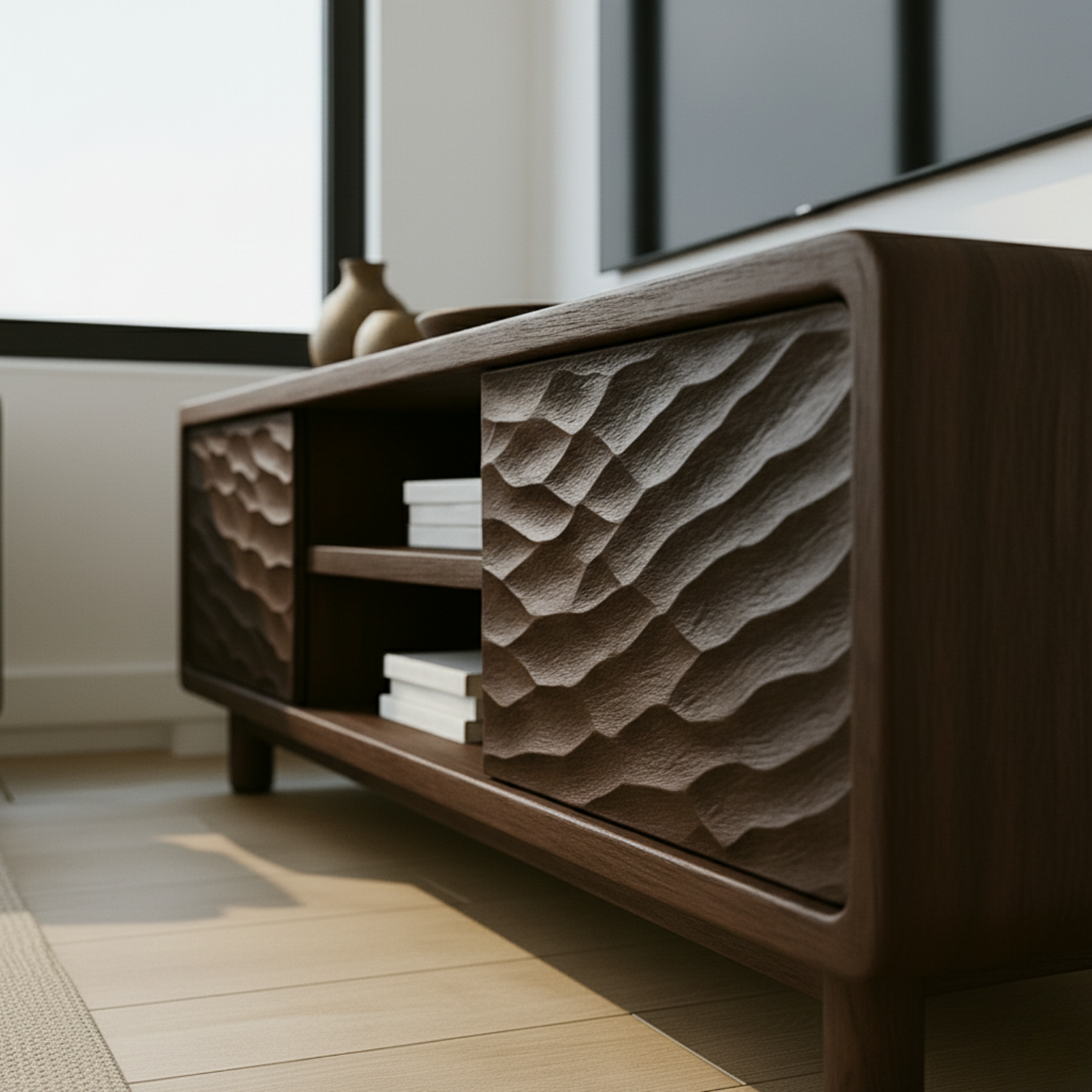 Solid Wood TV Stand with Wave-Pattern Doors & Open Shelving - Modern Living Room Design Kitchnce