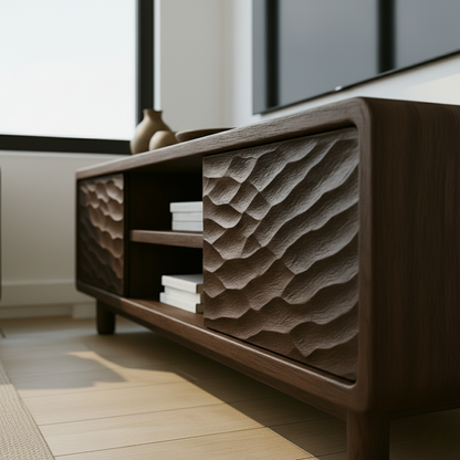 Solid Wood TV Stand with Wave-Pattern Doors & Open Shelving - Modern Living Room Design Kitchnce