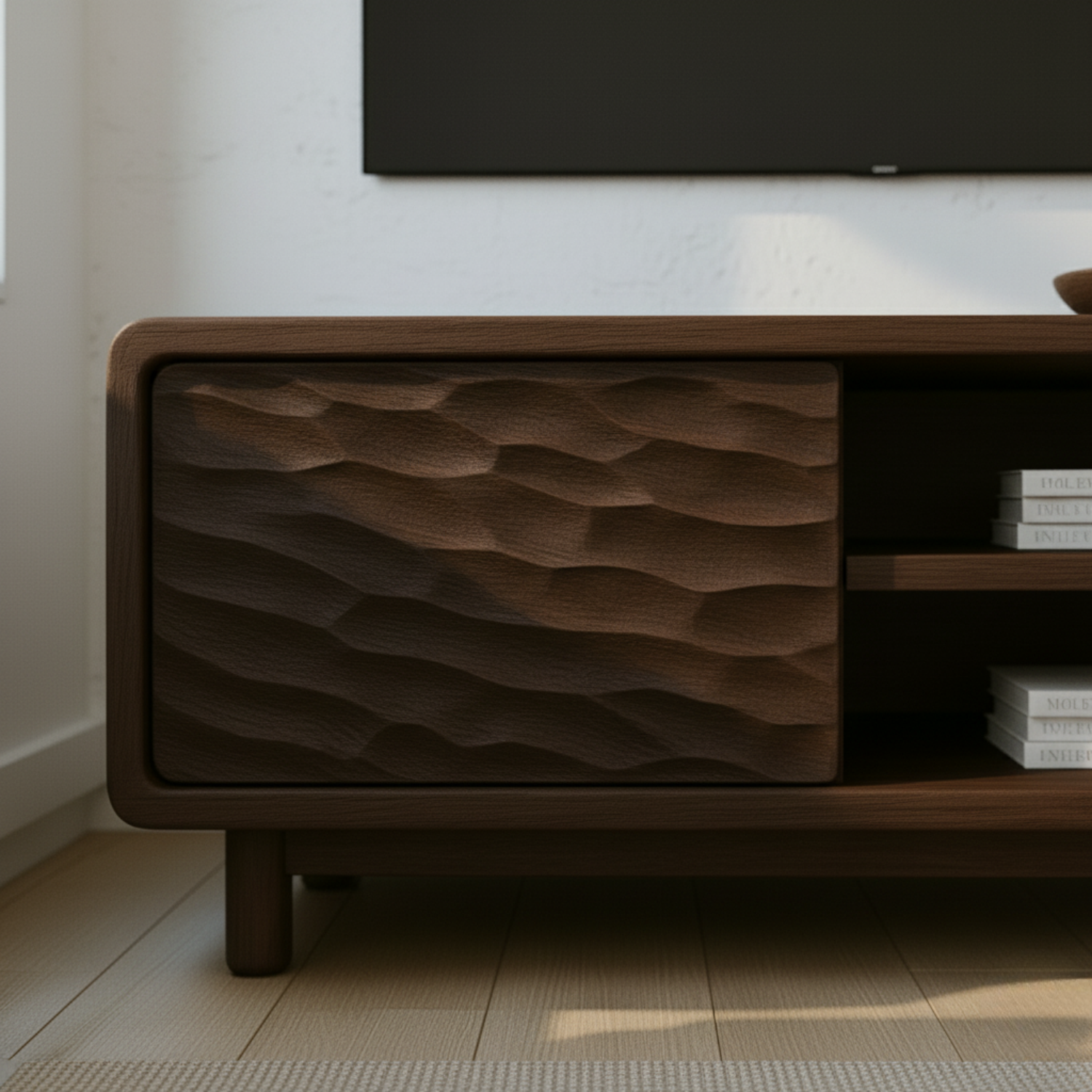 Solid Wood TV Stand with Wave-Pattern Doors & Open Shelving - Modern Living Room Design Kitchnce