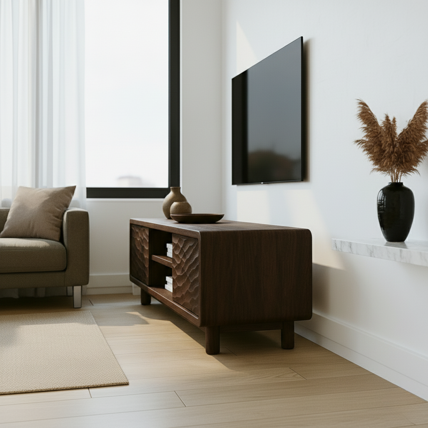 Solid Wood TV Stand with Wave-Pattern Doors & Open Shelving - Modern Living Room Design Kitchnce