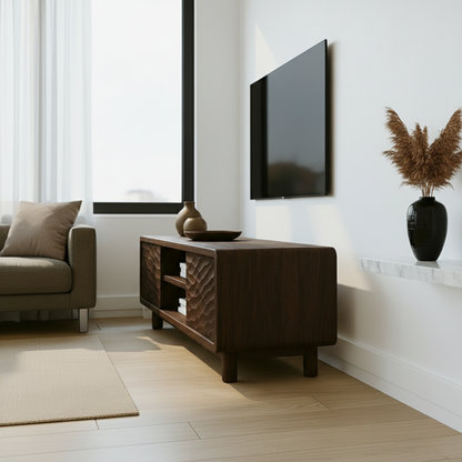 Solid Wood TV Stand with Wave-Pattern Doors & Open Shelving - Modern Living Room Design Kitchnce