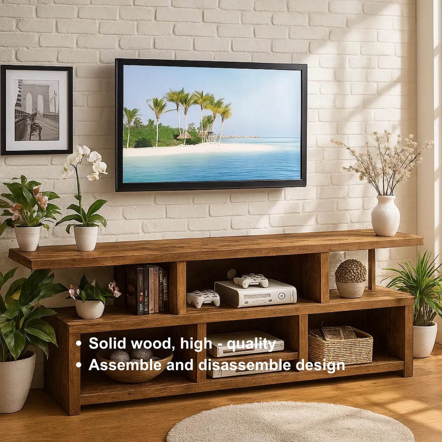 Handcrafted Solid Wood TV Stand – Rustic Modern Media Console with Open Shelves for Living Room Storage and Display Kitchnce