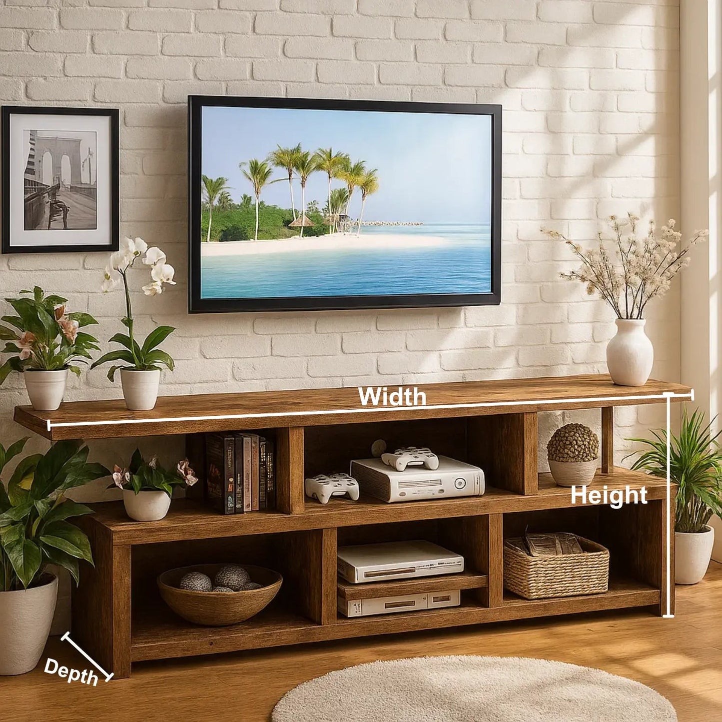 Handcrafted Solid Wood TV Stand – Rustic Modern Media Console with Open Shelves for Living Room Storage and Display Kitchnce