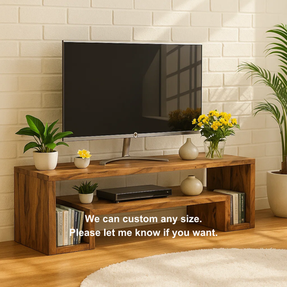 Handcrafted Solid Wood TV Stand – Modern Minimalist Media Console with Open Shelves and Natural Warm Finish Kitchnce