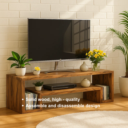 Handcrafted Solid Wood TV Stand – Modern Minimalist Media Console with Open Shelves and Natural Warm Finish Kitchnce