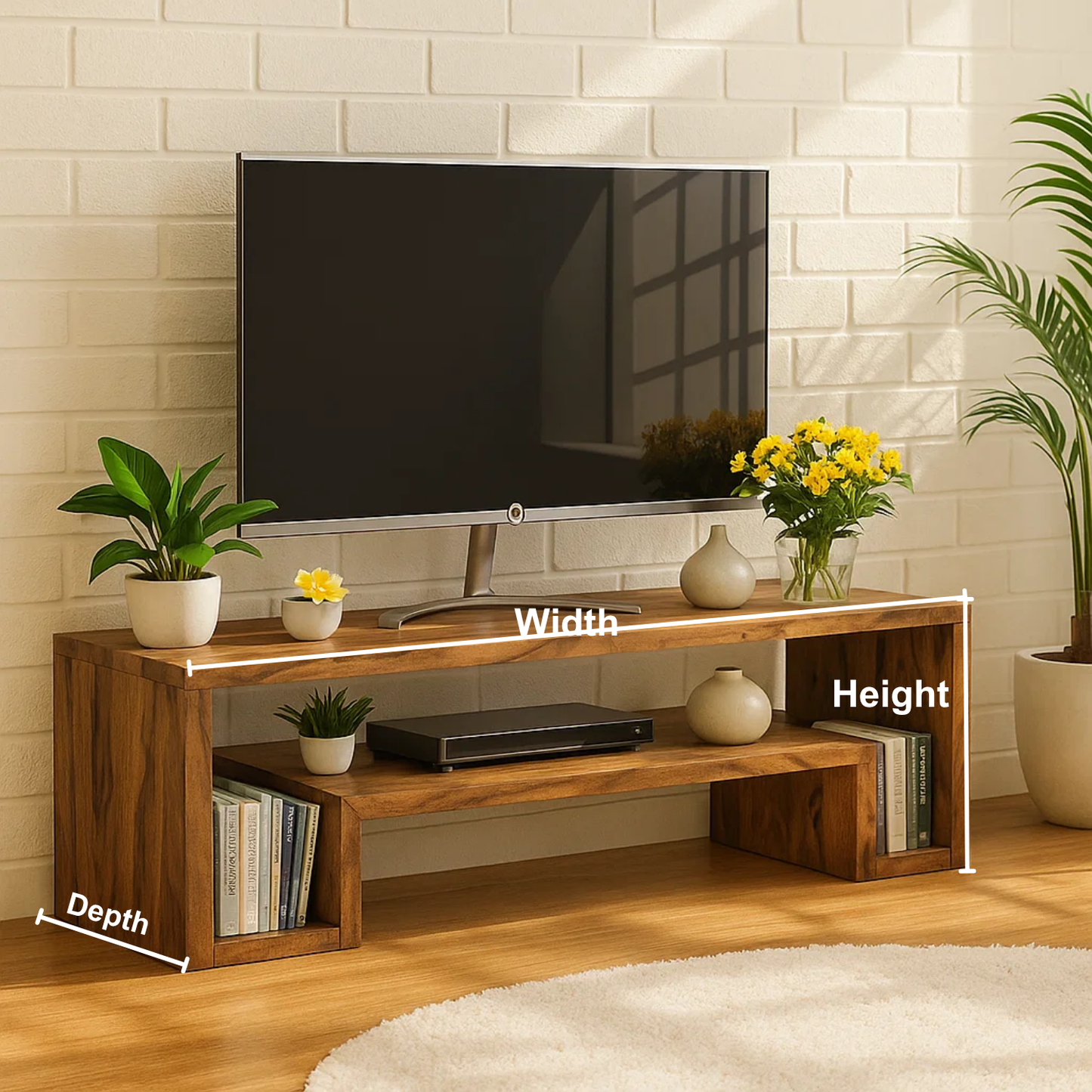 Handcrafted Solid Wood TV Stand – Modern Minimalist Media Console with Open Shelves and Natural Warm Finish Kitchnce