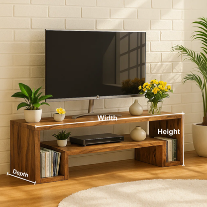 Handcrafted Solid Wood TV Stand – Modern Minimalist Media Console with Open Shelves and Natural Warm Finish Kitchnce