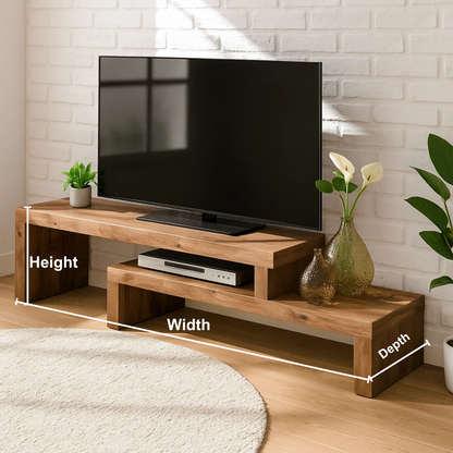 Handcrafted Solid Wood TV Stand – Modern Zen Media Console with Asymmetrical Two-Level Design and Natural Finish Kitchnce