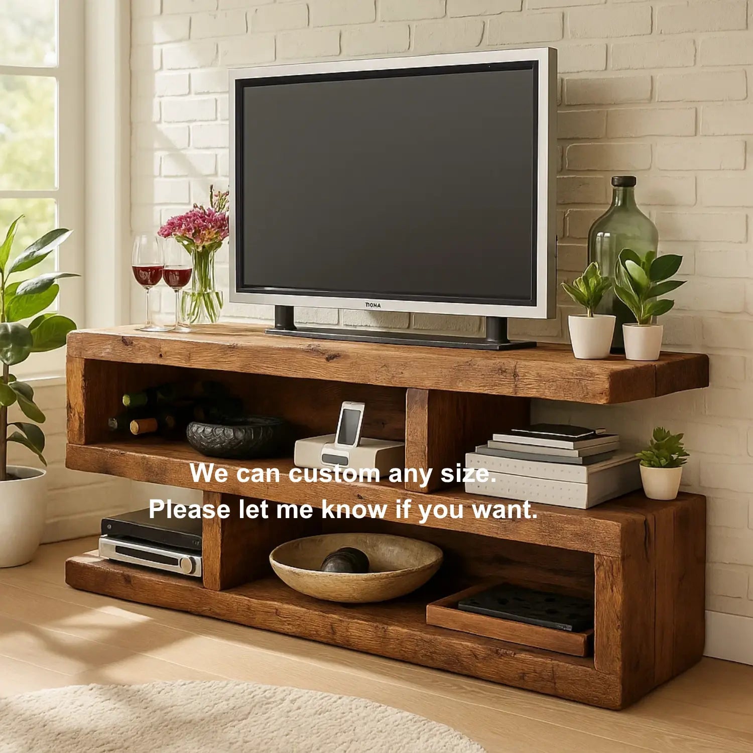 Rustic Solid Wood TV Stand – Handcrafted 3-Tier Media Console with Open Shelves and Natural Finish for Living Room Kitchnce