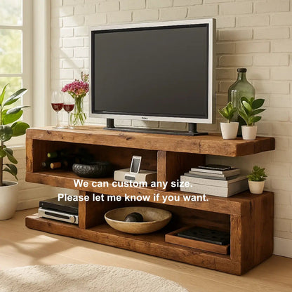 Rustic Solid Wood TV Stand – Handcrafted 3-Tier Media Console with Open Shelves and Natural Finish for Living Room Kitchnce