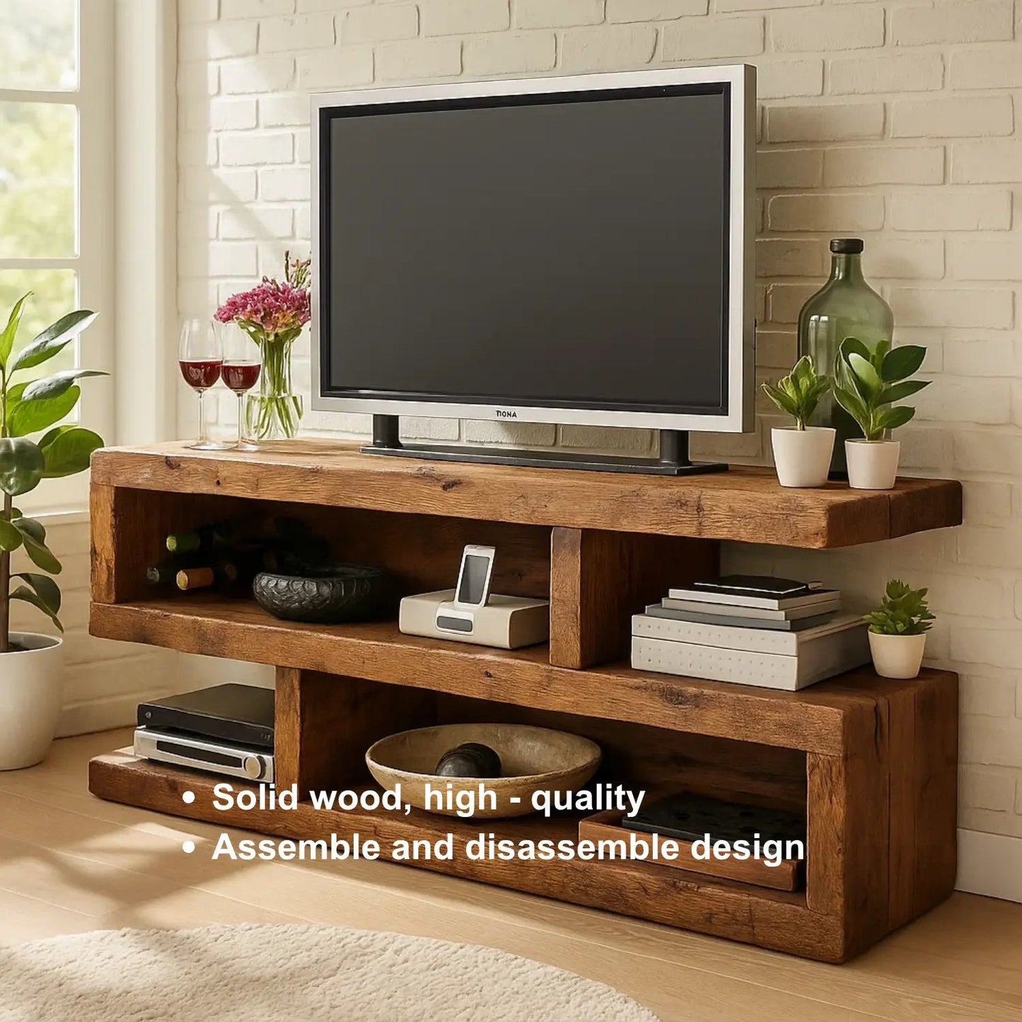 Rustic Solid Wood TV Stand – Handcrafted 3-Tier Media Console with Open Shelves and Natural Finish for Living Room Kitchnce