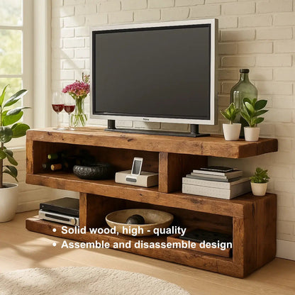 Rustic Solid Wood TV Stand – Handcrafted 3-Tier Media Console with Open Shelves and Natural Finish for Living Room Kitchnce