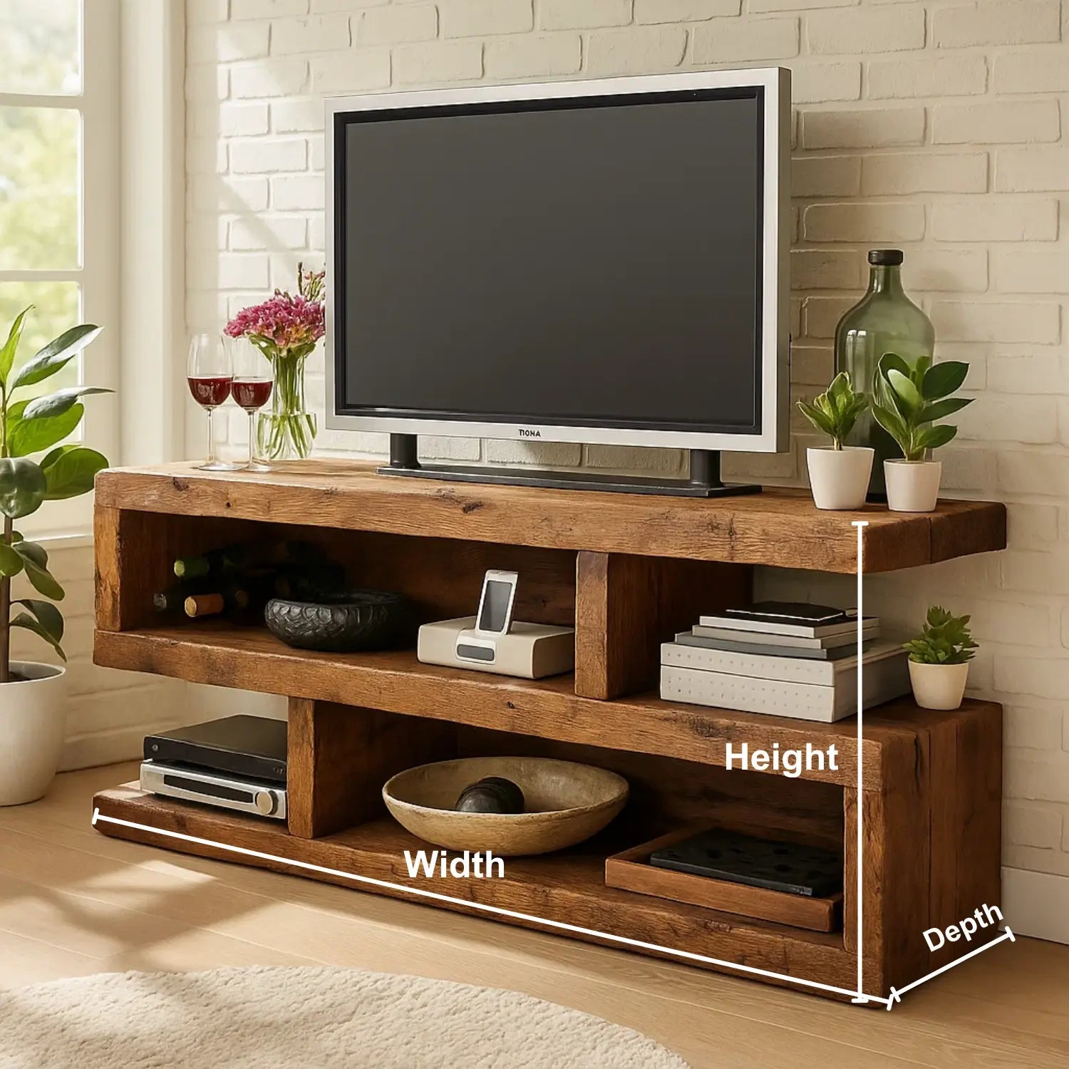 Rustic Solid Wood TV Stand – Handcrafted 3-Tier Media Console with Open Shelves and Natural Finish for Living Room Kitchnce