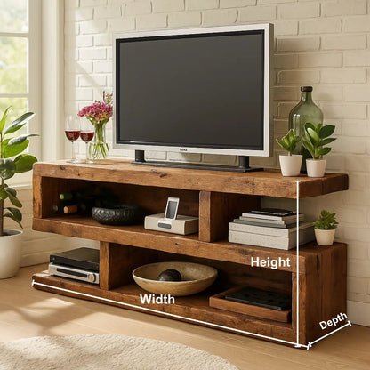 Rustic Solid Wood TV Stand – Handcrafted 3-Tier Media Console with Open Shelves and Natural Finish for Living Room Kitchnce