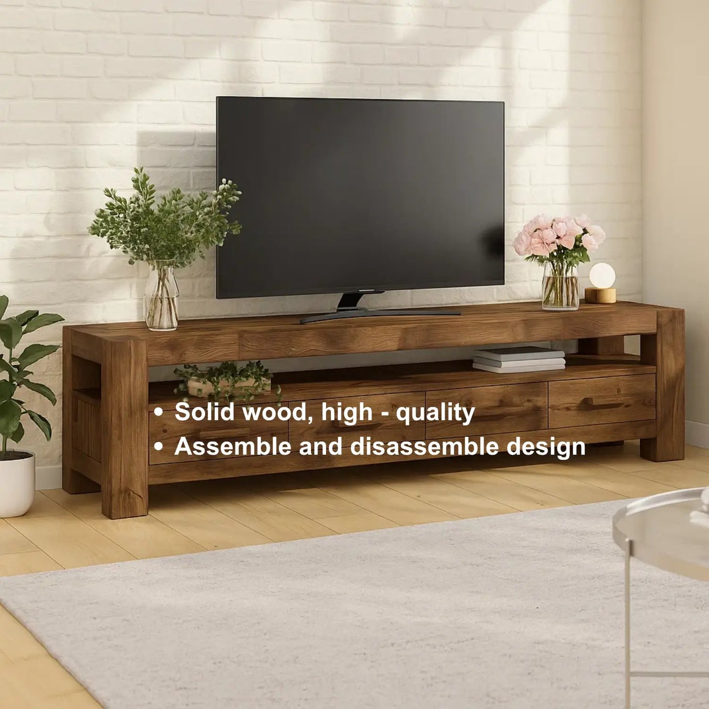 Handcrafted Solid Wood TV Stand – Modern Rustic Media Console with Drawers and Open Shelf in Natural Warm Finish Kitchnce