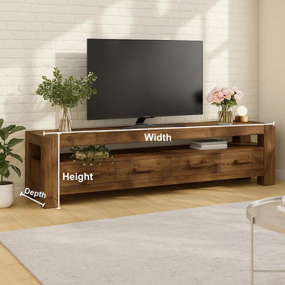 Handcrafted Solid Wood TV Stand – Modern Rustic Media Console with Drawers and Open Shelf in Natural Warm Finish Kitchnce