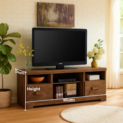 Rustic Solid Wood TV Stand – Handcrafted Media Console with Drawers and Open Shelves for Warm Modern Living Rooms Kitchnce