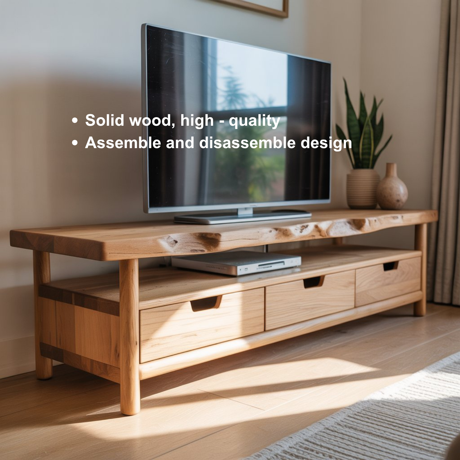 Handcrafted Light Solid Wood TV Stand – Scandinavian Live Edge Media Console with Drawers and Open Shelf Kitchnce
