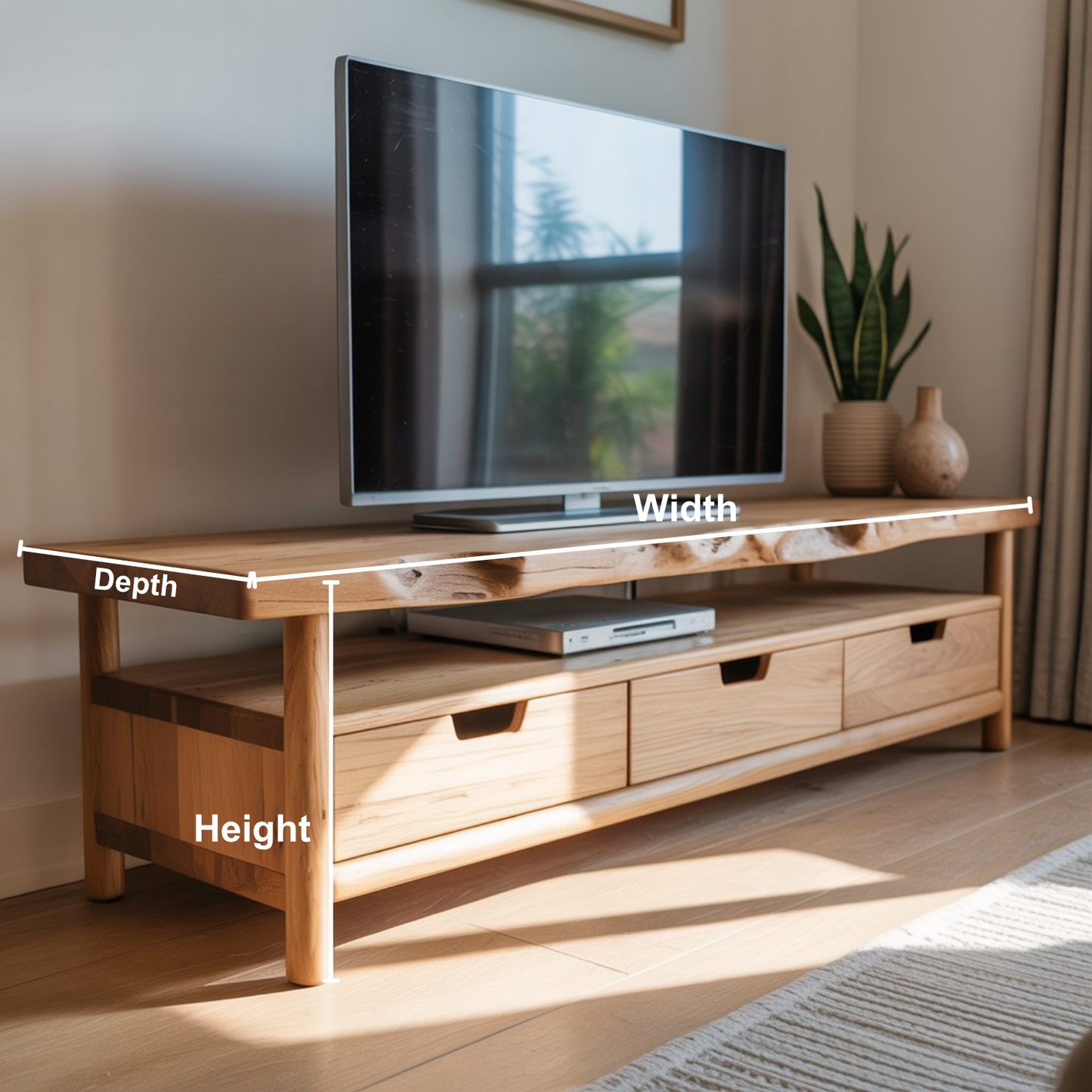 Handcrafted Light Solid Wood TV Stand – Scandinavian Live Edge Media Console with Drawers and Open Shelf Kitchnce