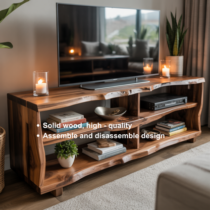 Rustic Live Edge Solid Wood TV Stand – Handcrafted Organic Media Console with 4 Open Shelves for Modern Living Spaces Kitchnce