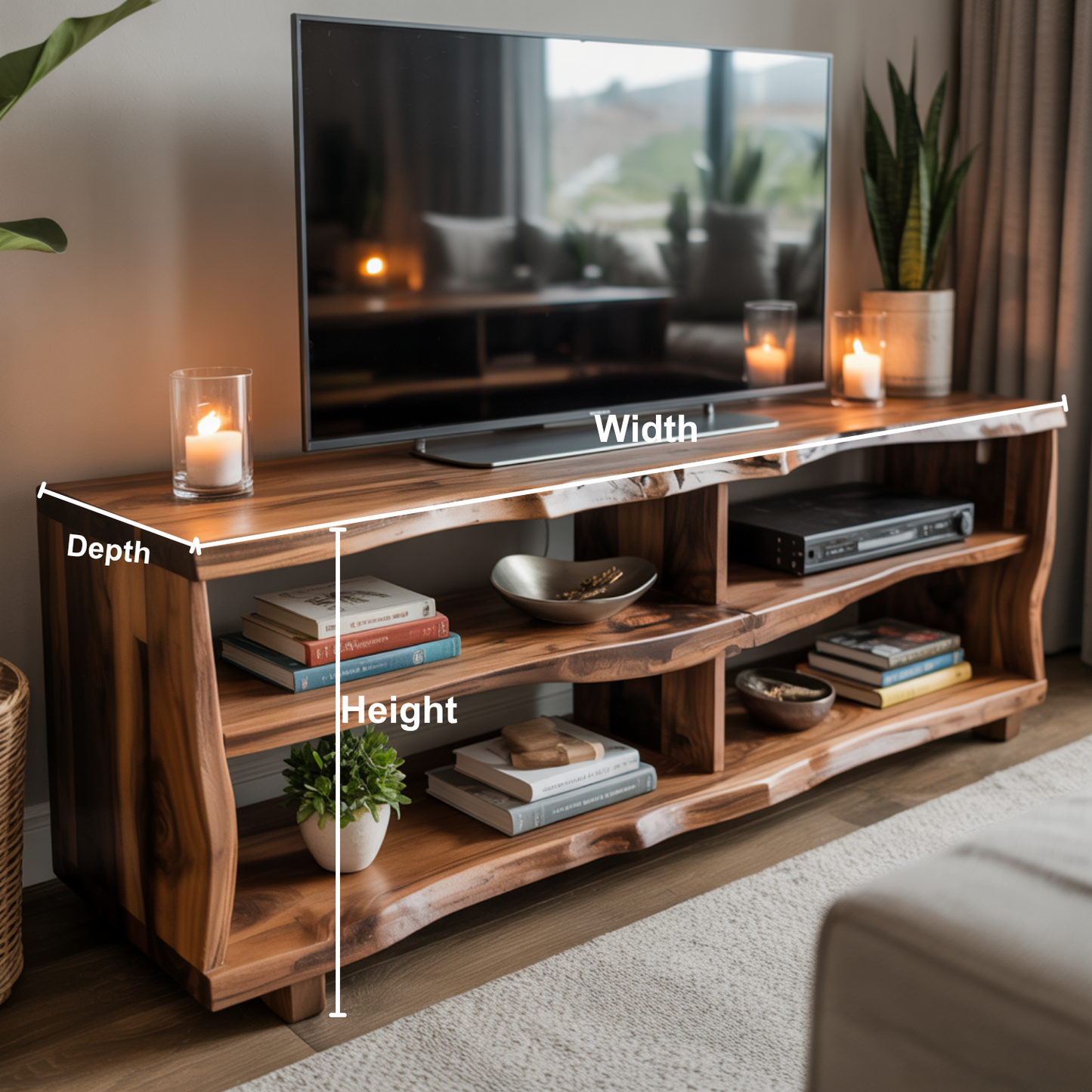 Rustic Live Edge Solid Wood TV Stand – Handcrafted Organic Media Console with 4 Open Shelves for Modern Living Spaces Kitchnce