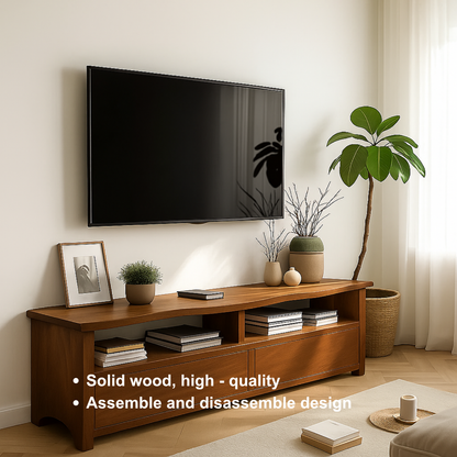 Solid Wood TV Stand with Curved Edge – Handcrafted Media Console with Drawers and Open Shelves for Modern Natural Living Spaces Kitchnce