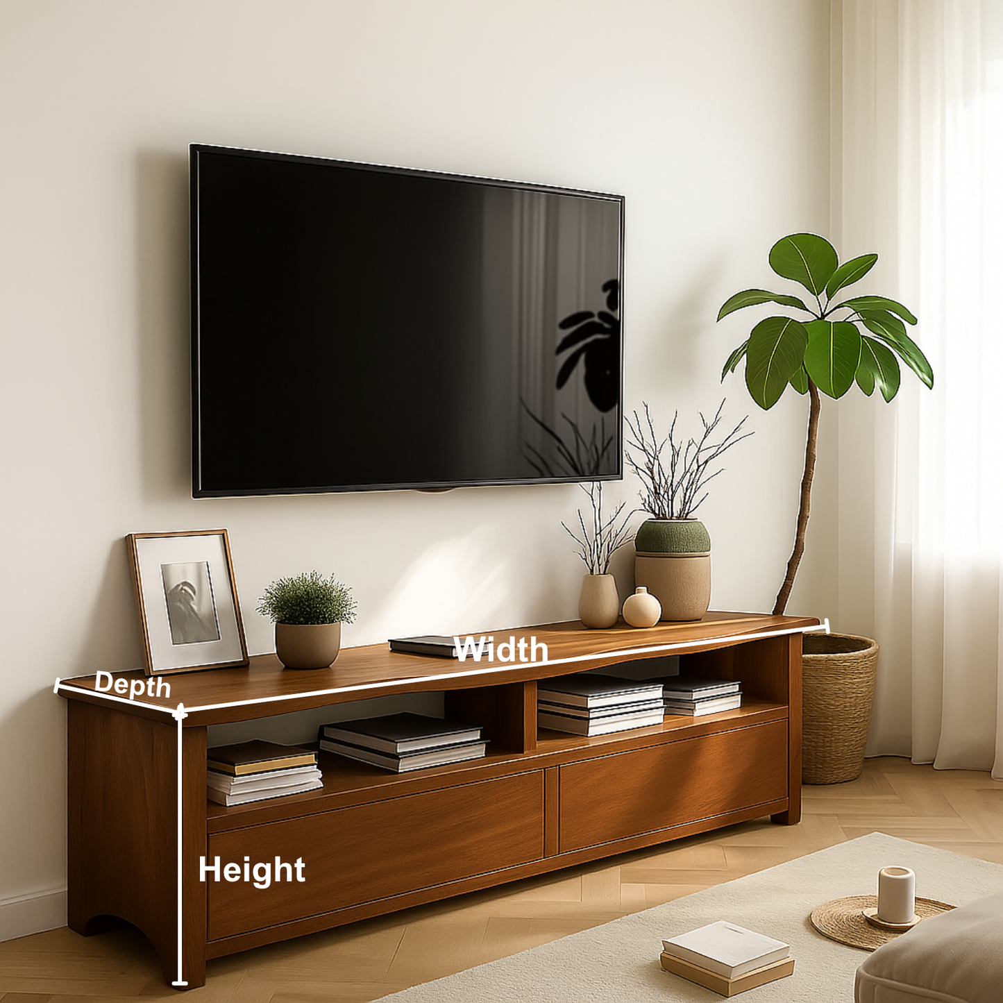 Solid Wood TV Stand with Curved Edge – Handcrafted Media Console with Drawers and Open Shelves for Modern Natural Living Spaces Kitchnce