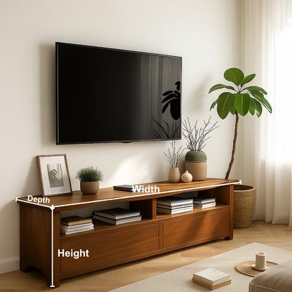 Solid Wood TV Stand with Curved Edge – Handcrafted Media Console with Drawers and Open Shelves for Modern Natural Living Spaces Kitchnce
