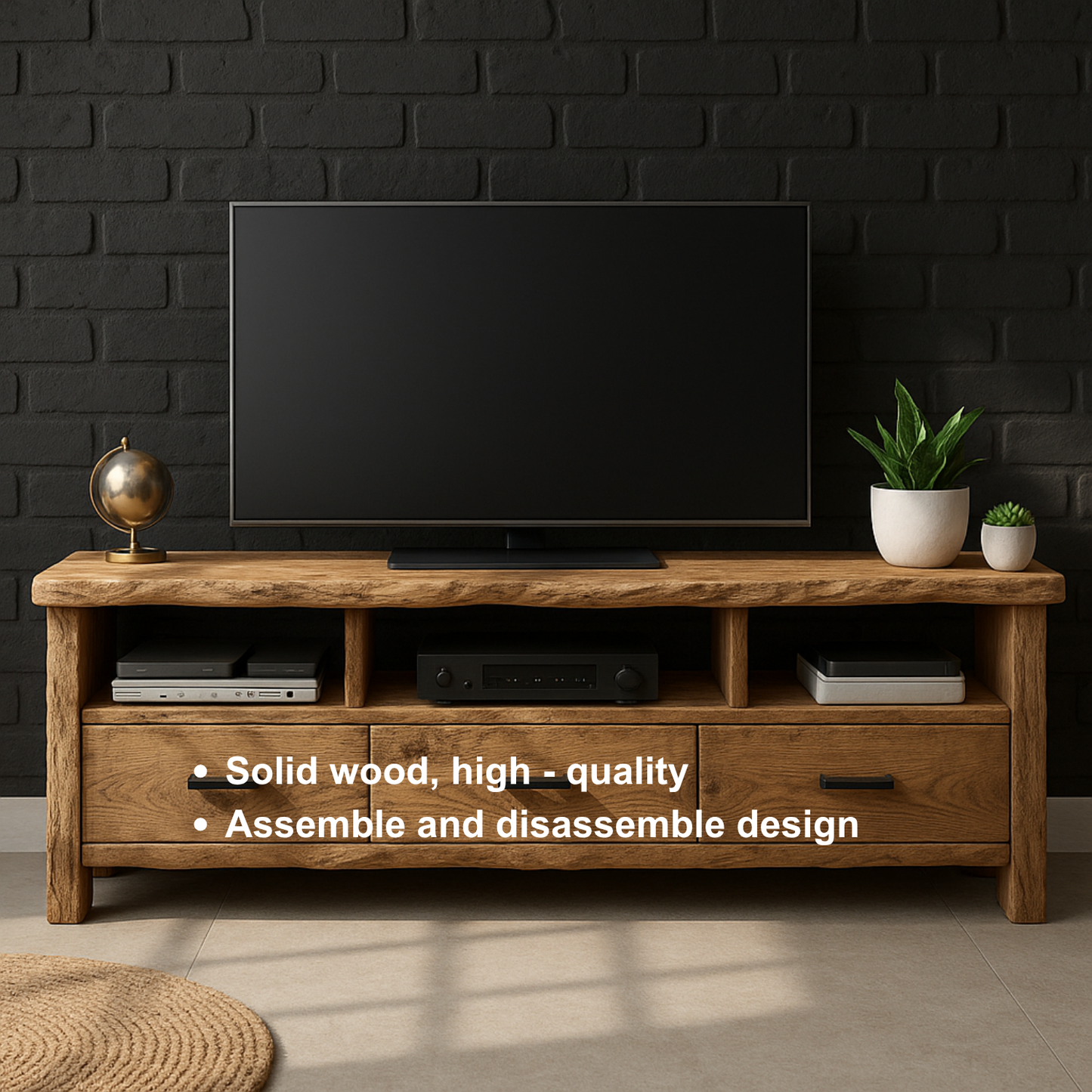 Rustic Solid Wood TV Stand with Live Edge – Handcrafted Media Console with Drawers and Open Shelves for Modern Organic Interiors Kitchnce