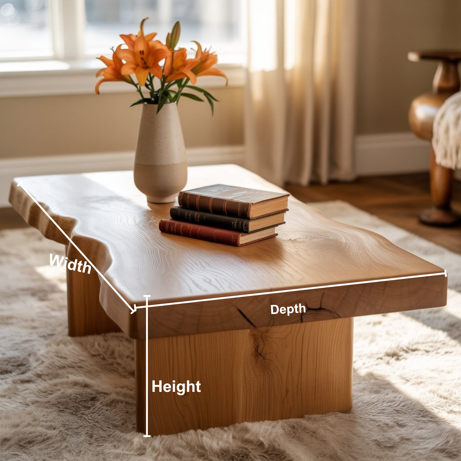 Handcrafted Solid Wood Coffee Table with Deep Live Edge – Minimalist Japanese Zen Center Table for Modern Organic Interiors Kitchnce