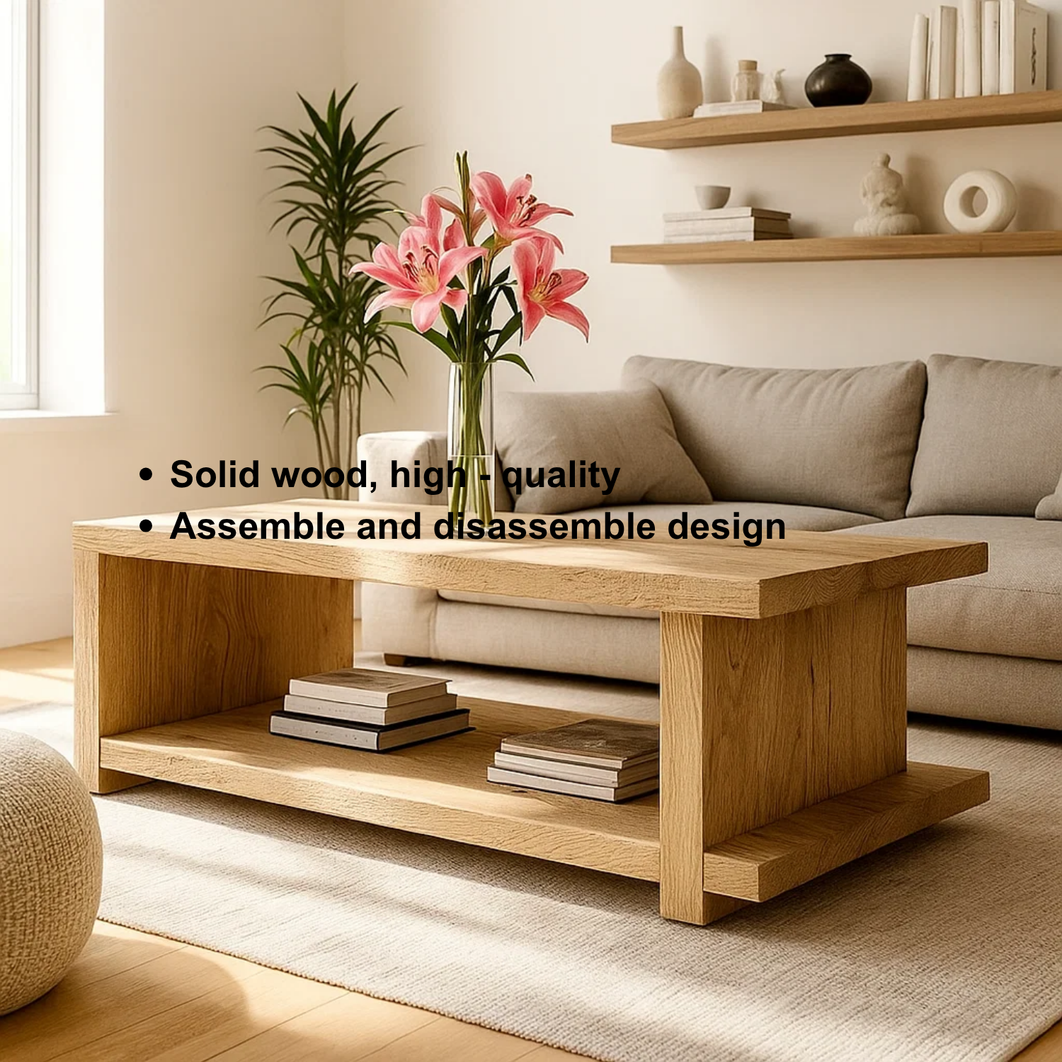 Handcrafted Solid Wood Coffee Table – Minimalist Japandi Wood Center Table with Open Shelf for Modern Natural Living Spaces Kitchnce