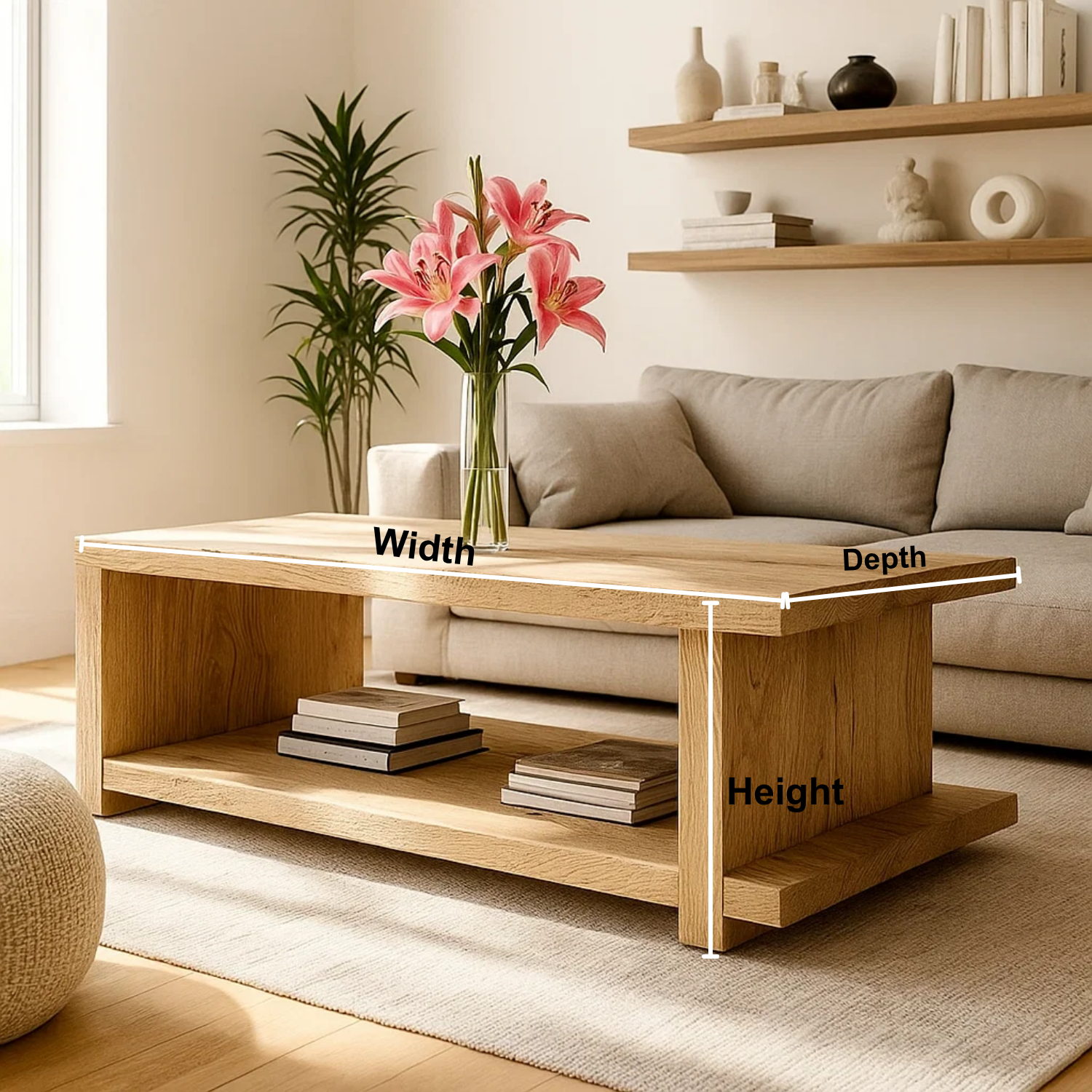 Handcrafted Solid Wood Coffee Table – Minimalist Japandi Wood Center Table with Open Shelf for Modern Natural Living Spaces Kitchnce