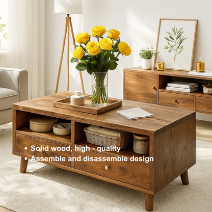 Handcrafted Solid Wood Coffee Table – Mid-Century Modern Wooden Center Table with Drawers and Open Storage for Living Room Kitchnce