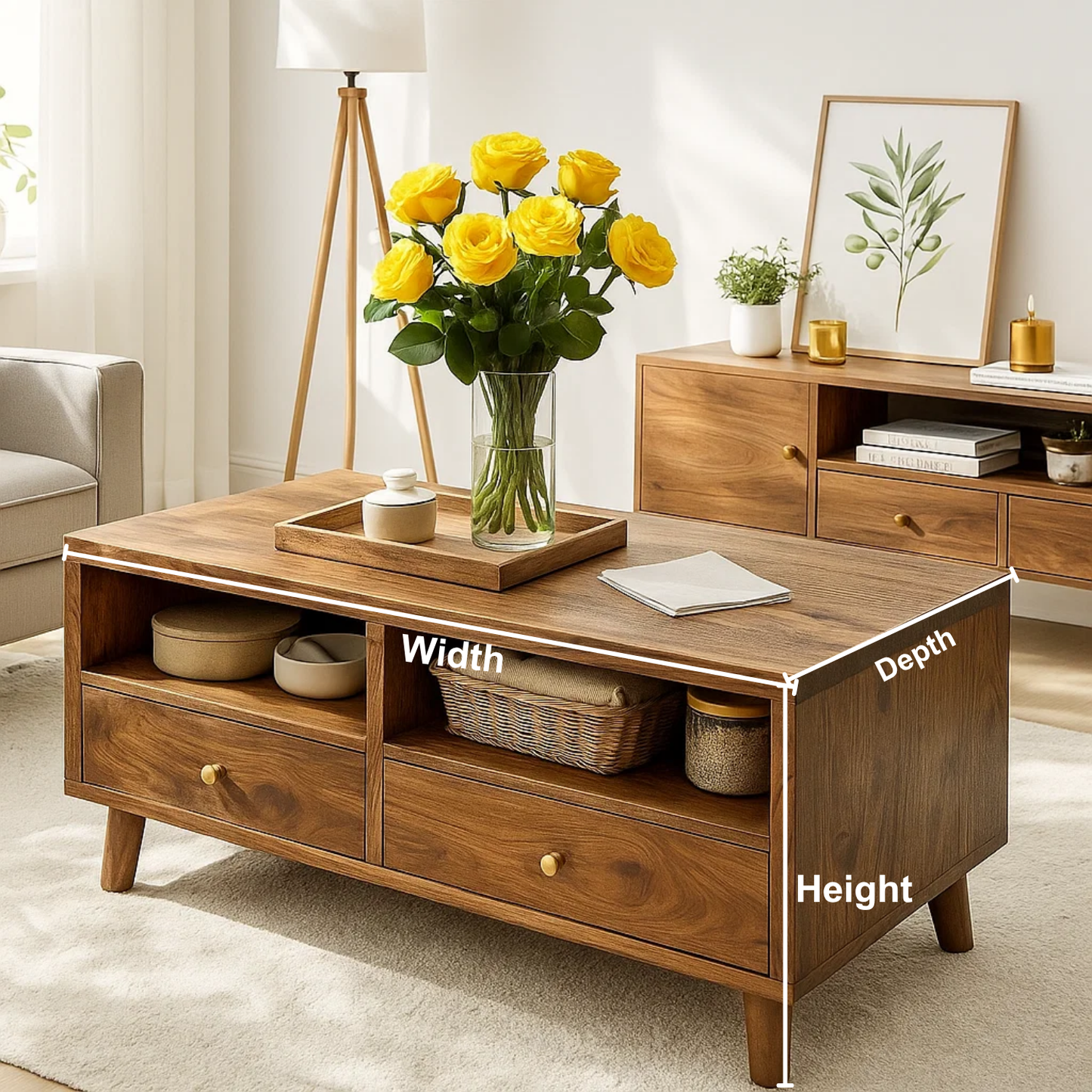 Handcrafted Solid Wood Coffee Table – Mid-Century Modern Wooden Center Table with Drawers and Open Storage for Living Room Kitchnce