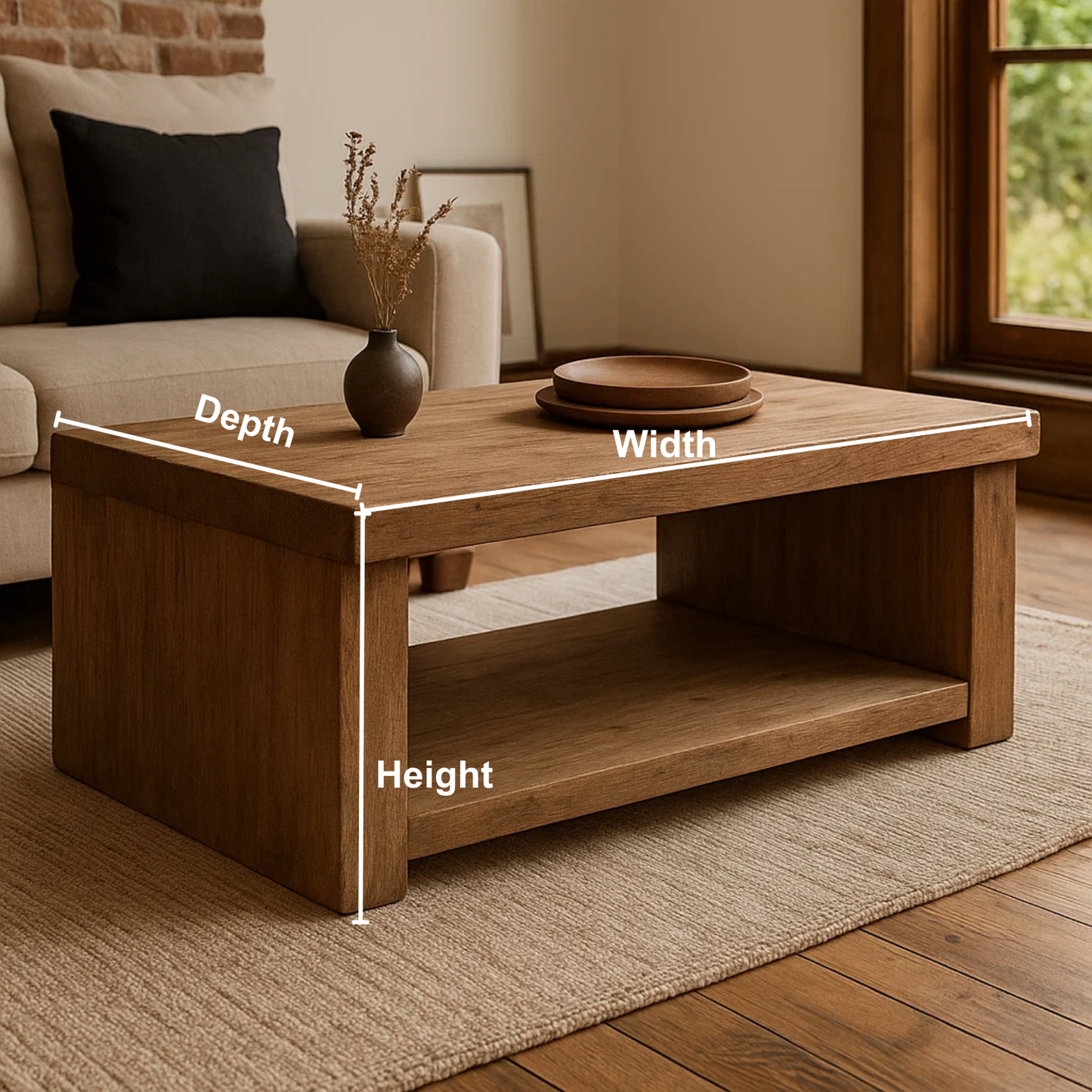 Handcrafted Solid Wood Coffee Table – Rustic Contemporary Center Table with Open Shelf and Matte Natural Finish Kitchnce