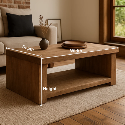 Handcrafted Solid Wood Coffee Table – Rustic Contemporary Center Table with Open Shelf and Matte Natural Finish Kitchnce