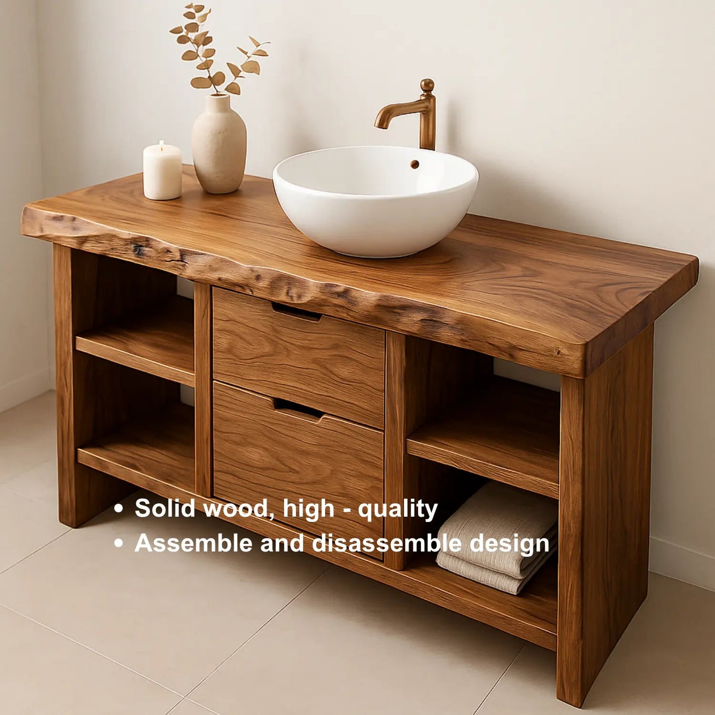 Handcrafted Solid Wood Bathroom Vanity with Live Edge Top and Open Shelves Kitchnce