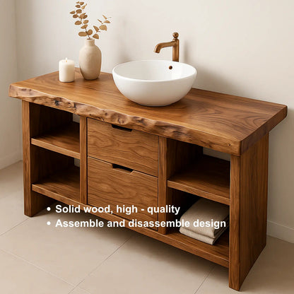 Handcrafted Solid Wood Bathroom Vanity with Live Edge Top and Open Shelves Kitchnce