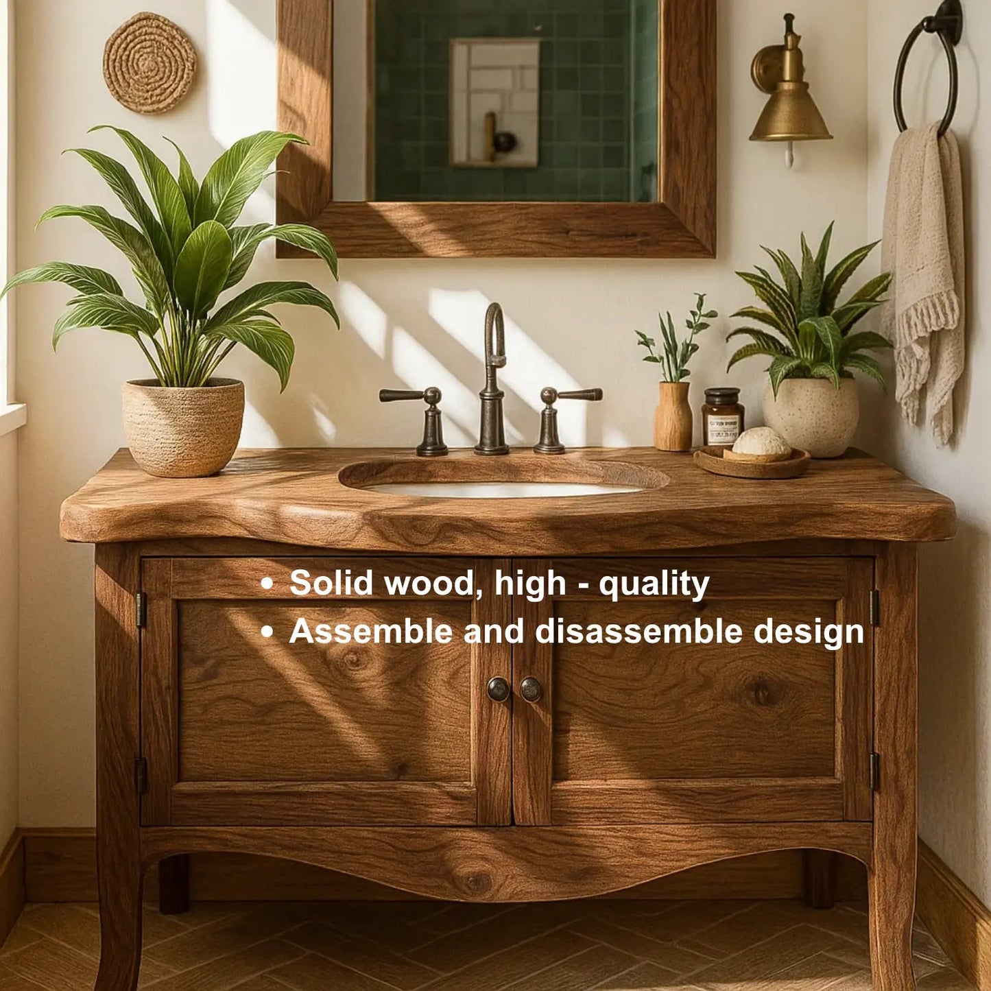 Handcrafted Solid Wood Bathroom Vanity with Curved Design and Double Door Storage Kitchnce