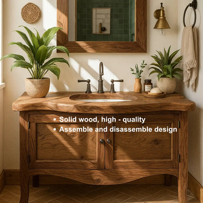 Handcrafted Solid Wood Bathroom Vanity with Curved Design and Double Door Storage Kitchnce