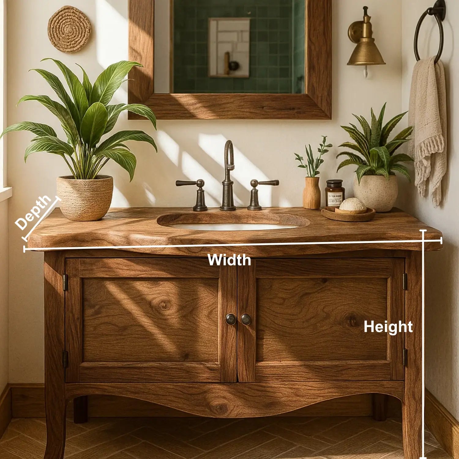 Handcrafted Solid Wood Bathroom Vanity with Curved Design and Double Door Storage Kitchnce