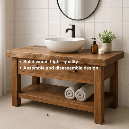 Handcrafted Solid Wood Bathroom Vanity with Live Edge Top and Open Shelf Storage Kitchnce