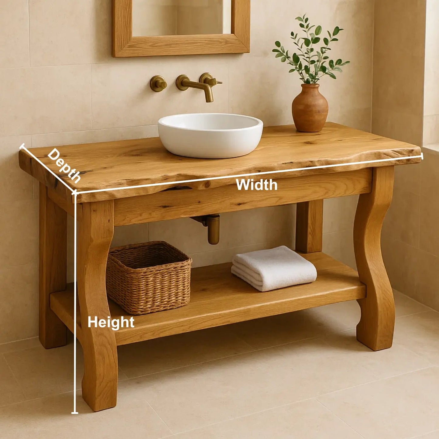 Handcrafted Solid Wood Bathroom Vanity with Curved Legs and Live Edge Countertop Kitchnce
