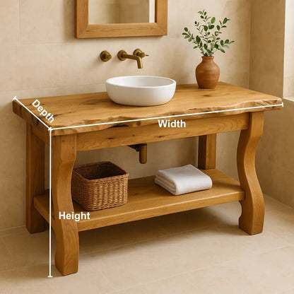 Handcrafted Solid Wood Bathroom Vanity with Curved Legs and Live Edge Countertop Kitchnce