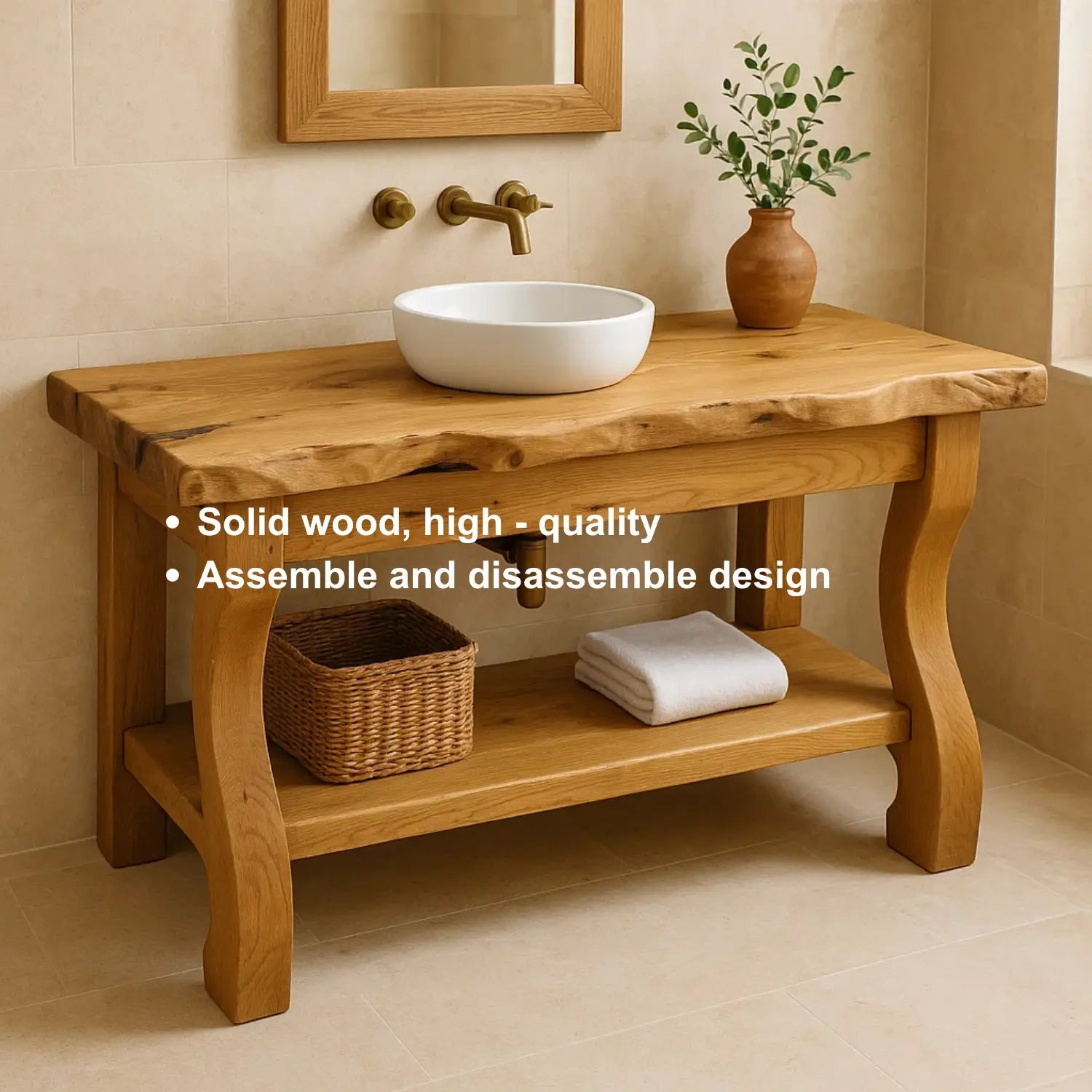 Handcrafted Solid Wood Bathroom Vanity with Curved Legs and Live Edge Countertop Kitchnce
