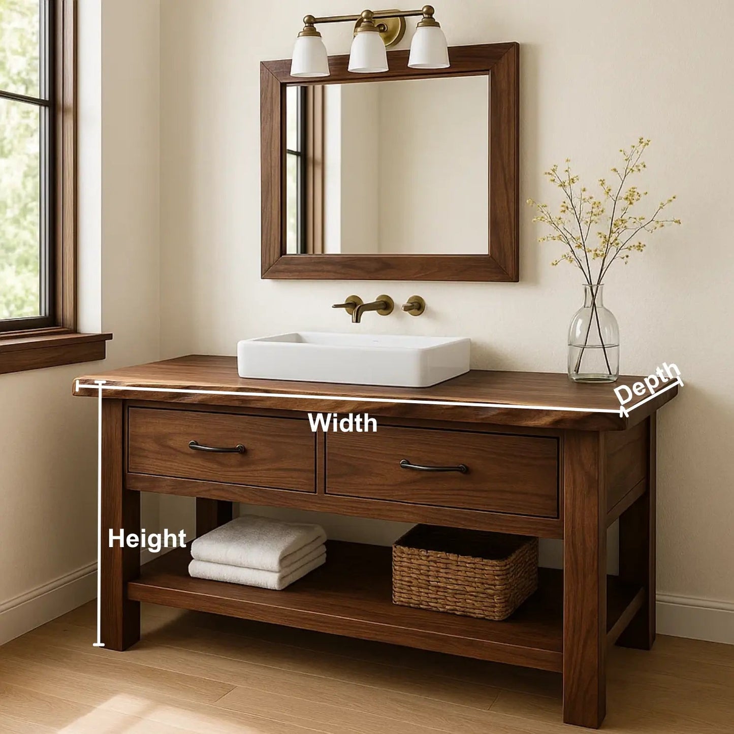 Handcrafted Solid Wood Bathroom Vanity with Live Edge Top and Double Drawer Storage Kitchnce