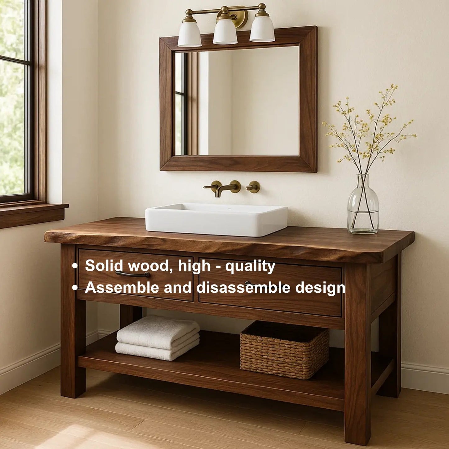 Handcrafted Solid Wood Bathroom Vanity with Live Edge Top and Double Drawer Storage Kitchnce