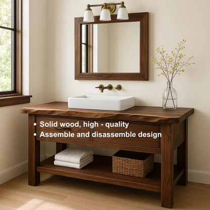 Handcrafted Solid Wood Bathroom Vanity with Live Edge Top and Double Drawer Storage Kitchnce